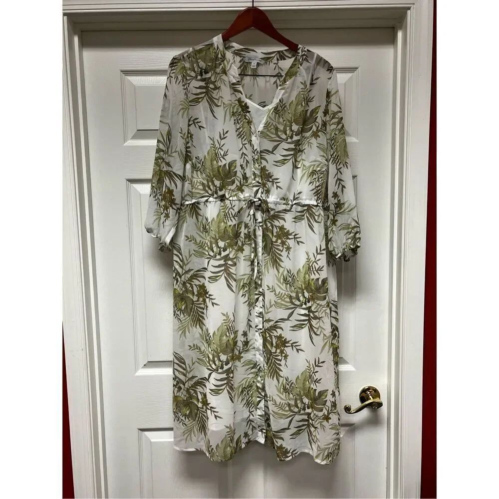41Hawthorn Sheer Two Piece Tropical Leaves Print Tie Waist Dress sz 2X EUC
